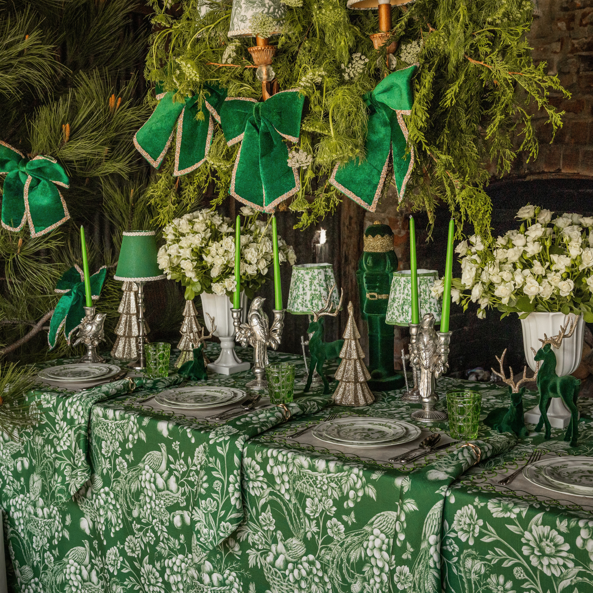 Green Toile Christmas table styled with Green Toile table cloth, green velvet glitter trim bows and Green Toile lamp shade