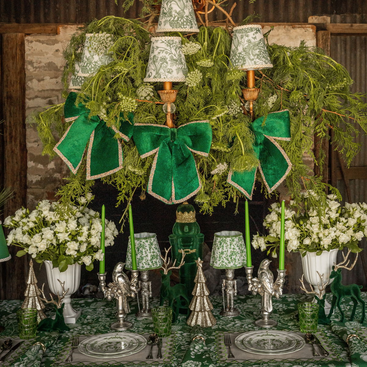 Green Toile Christmas table styled with Green Toile table cloth, green velvet glitter trim bows and Green Toile lamp shade