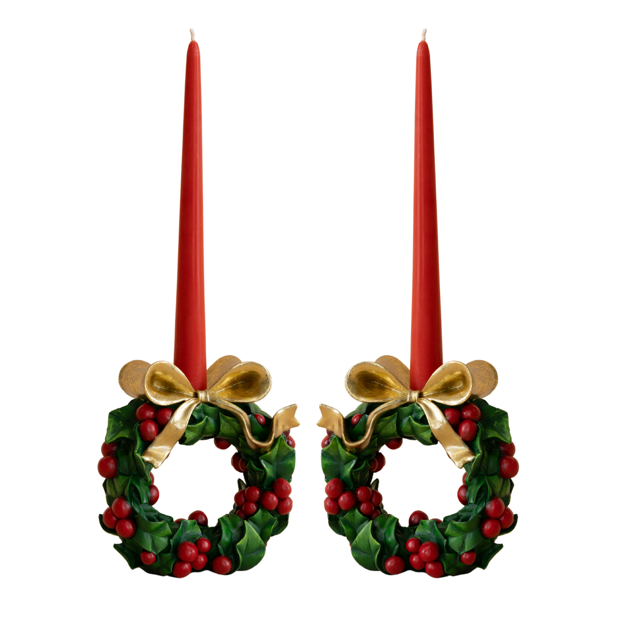 Pair of holly wreath candle holders with red taper candles