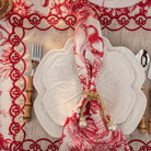 Red Toile Christmas table styled with Red Toile napkins, white cabbage plates and pearl napkin rings