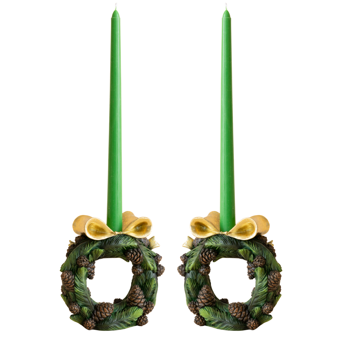 Pair of pinecone wreath candle holders with green taper candles
