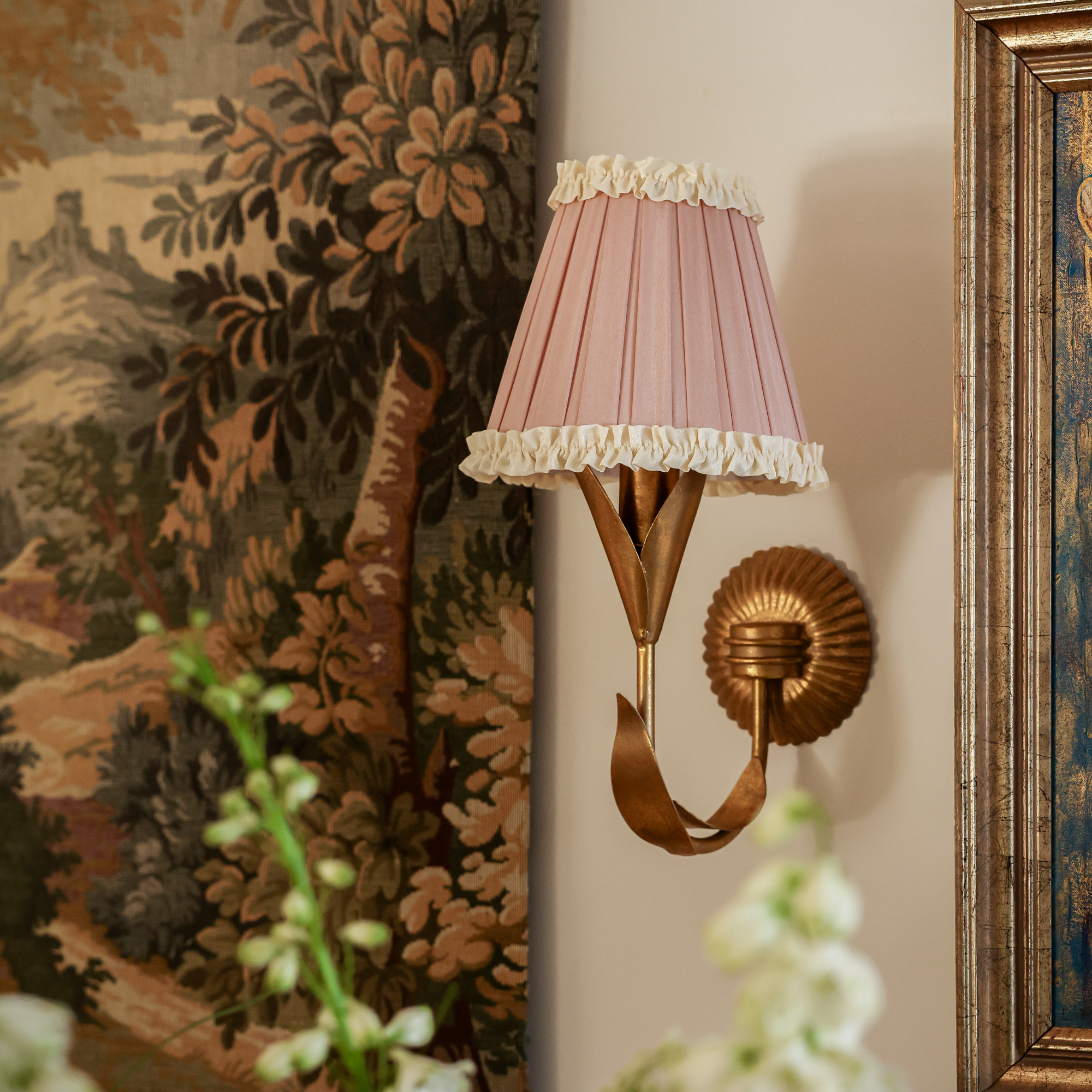 Audrey Dusty Rose and Cream Ruffle Shade and La Fleur Antique Gold Wall Sconce - LUXE AND BEAU