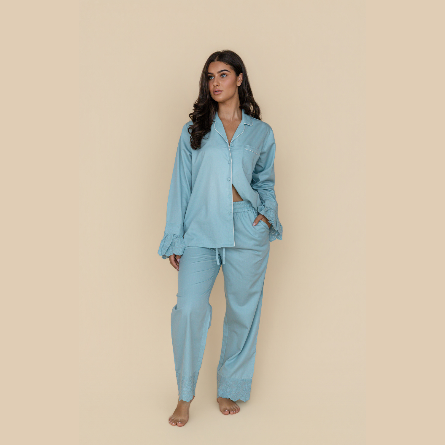 Blue Heirloom Lace Long Sleeve Pyjama Set - LUXE AND BEAU