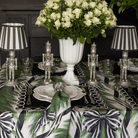 Spruce and Black Bow Christmas table styled with Spruce and Black Bow table cloth, Spruce and Black Bow napkins and silver nutcracker lamp