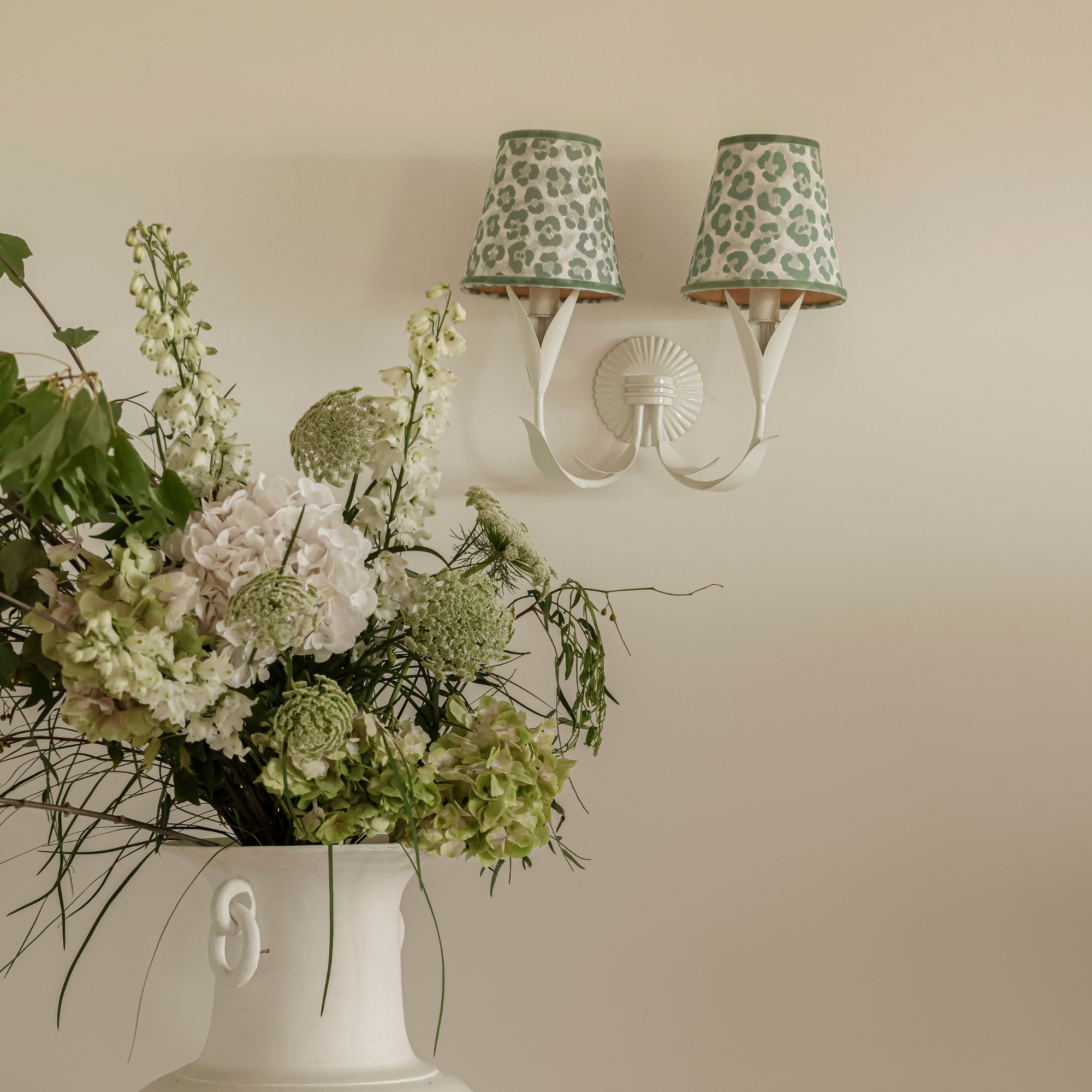 Pistachio Leopard Shade and La Fleur Ivory Wall Sconce - LUXE AND BEAU