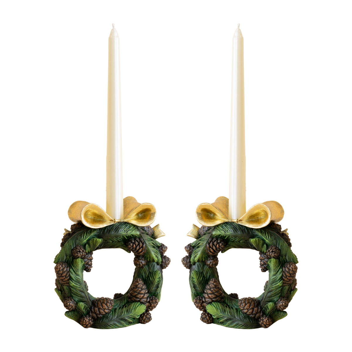 Pair of pinecone wreath candle holders with cream taper candles