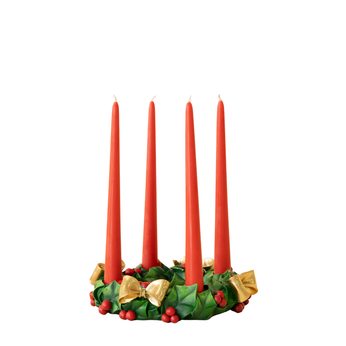 Holly candle ring with four red taper candles