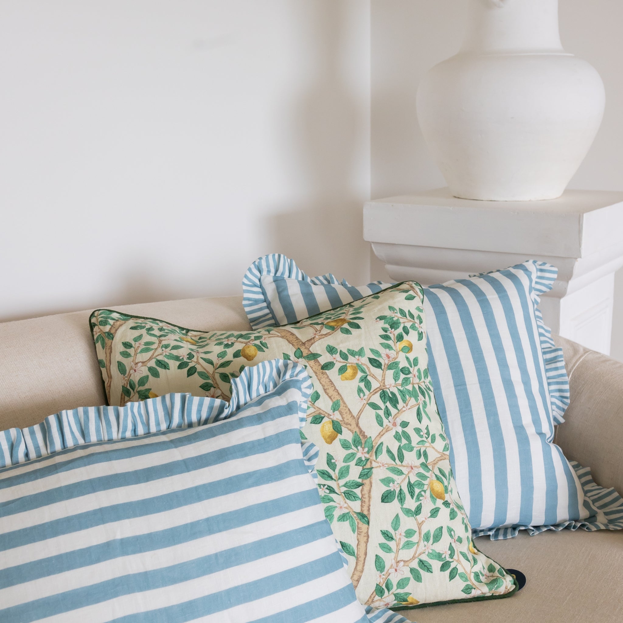 Buy Luxe Cushions & Linens - Blue Ruffle Stripe Linen Cushion Cover 65 x 65 - By Luxe & Beau Designs 