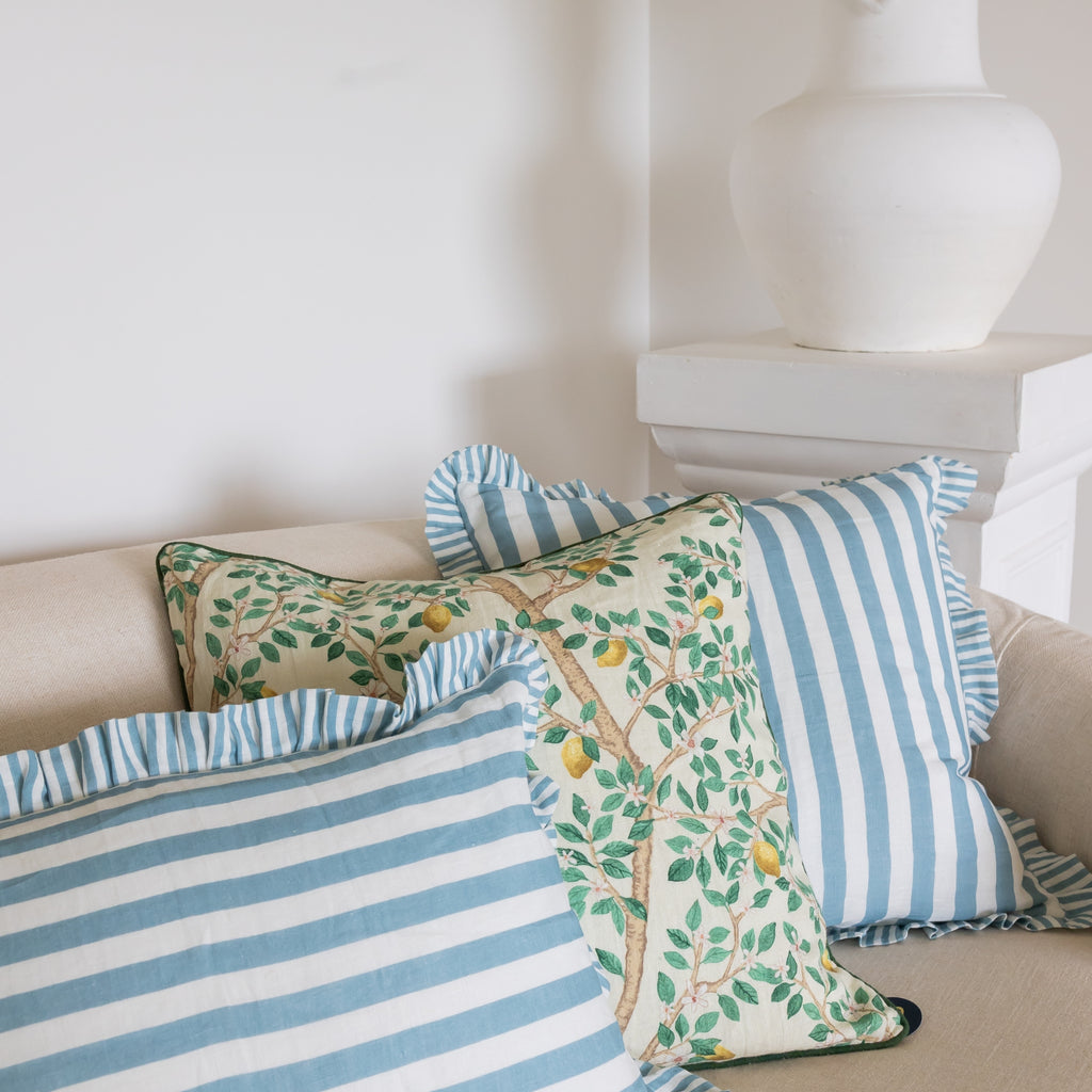 Buy Luxe Cushions & Linens - Blue Ruffle Stripe Linen Cushion Cover 50x50 - By Luxe & Beau Designs 