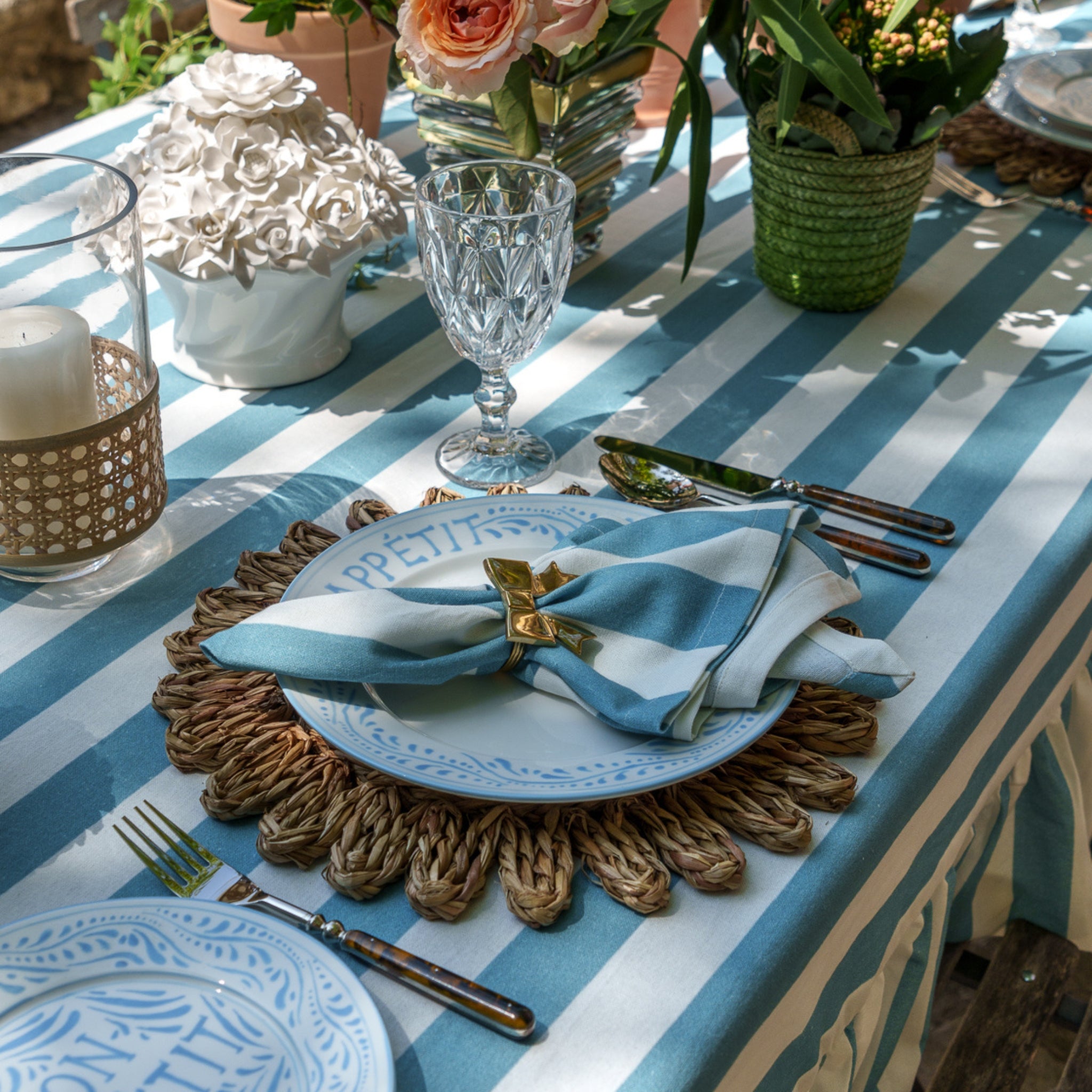 Provence Blue Stripe Table Cloth With Ruffle - LUXE AND BEAU