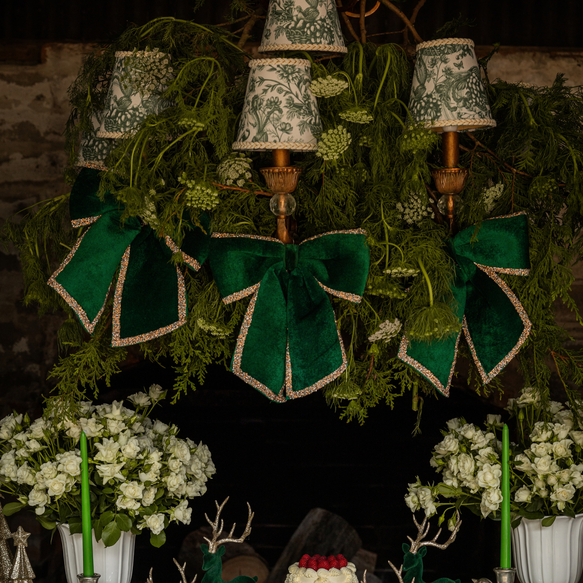 Green Toile Christmas table styled with Green Toile lamp shade and green velvet glitter trim bows