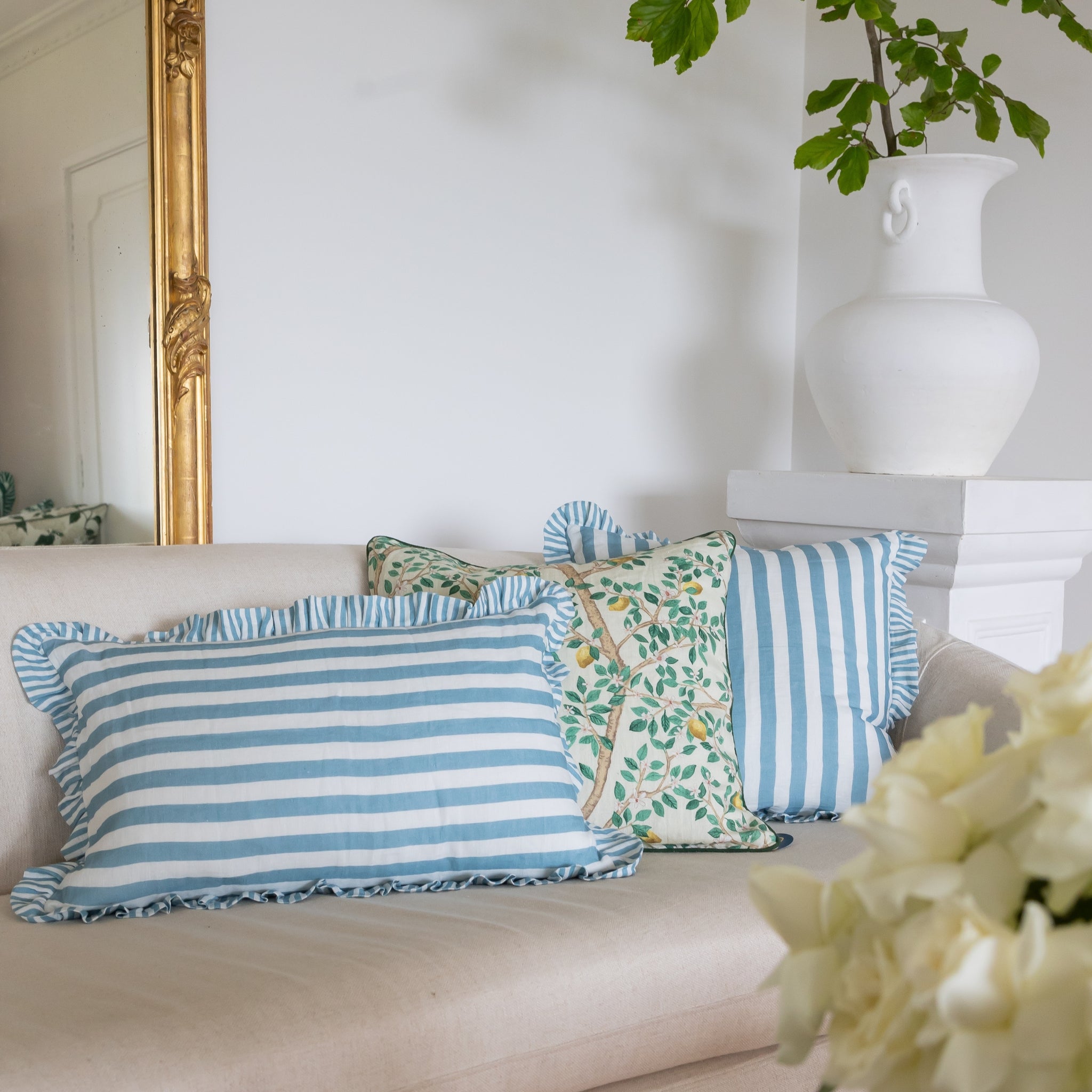 Buy Luxe Cushions & Linens - Blue Ruffle Stripe Linen Cushion Cover 50x50 - By Luxe & Beau Designs 