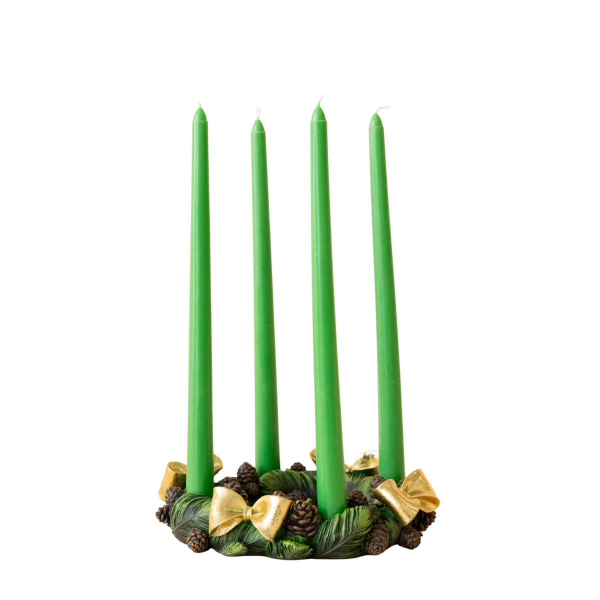 Pinecone candle ring with four green taper candles