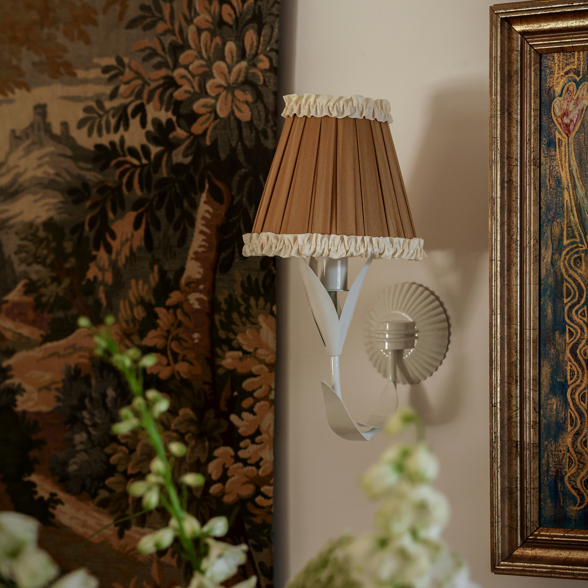 Audrey Camel and Cream Ruffle Shade and La Fleur Ivory Wall Sconce - LUXE AND BEAU