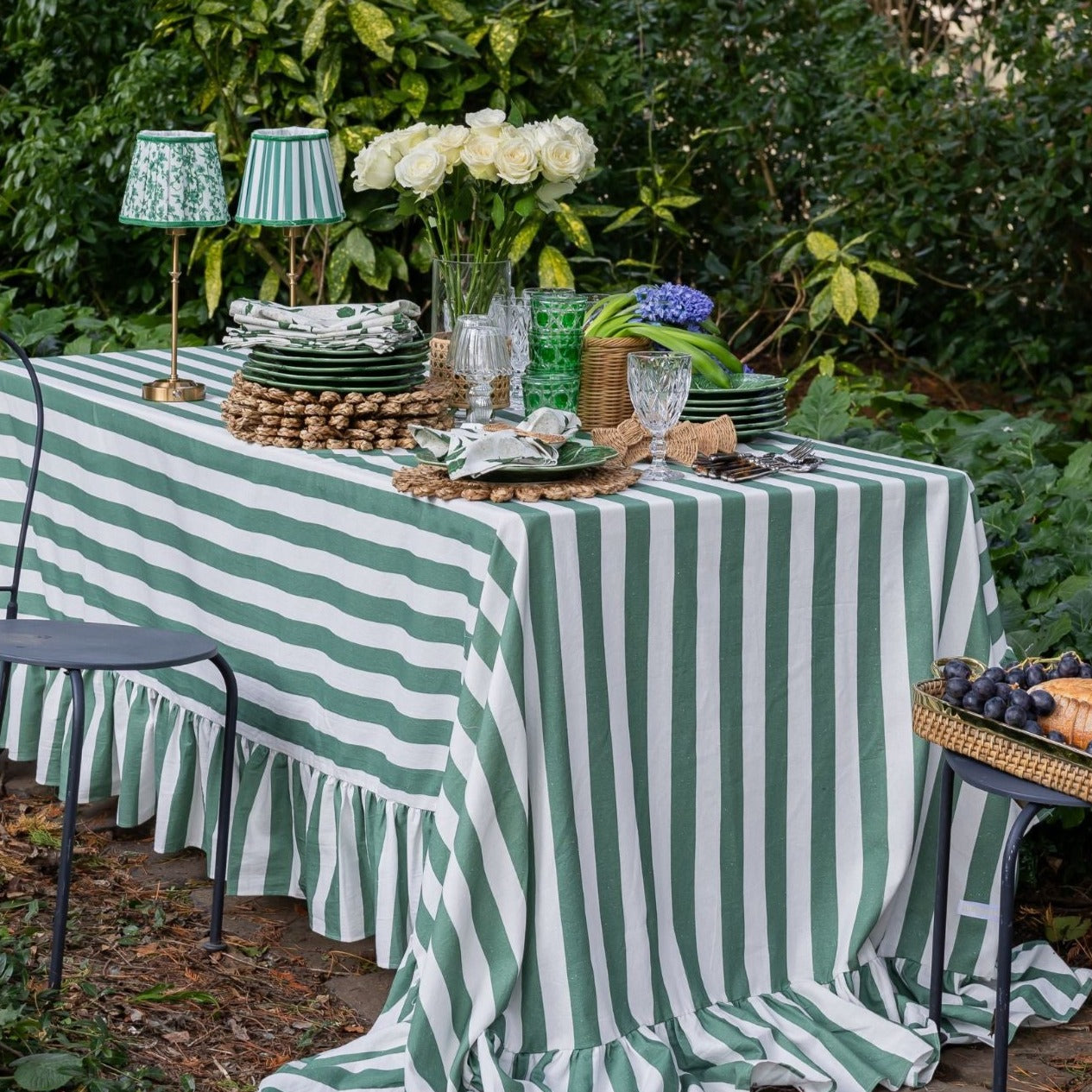 Green Stripe Scallop Shade & Gold Base - USB Table Lamp - LUXE AND BEAU