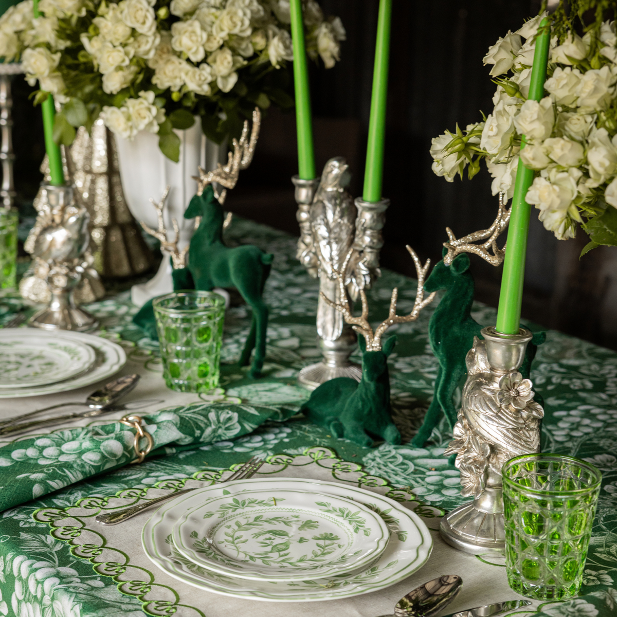 Green Toile Christmas table styled with Green Toile table cloth, Green Toile napkins and natural linen placemats with green embroidery