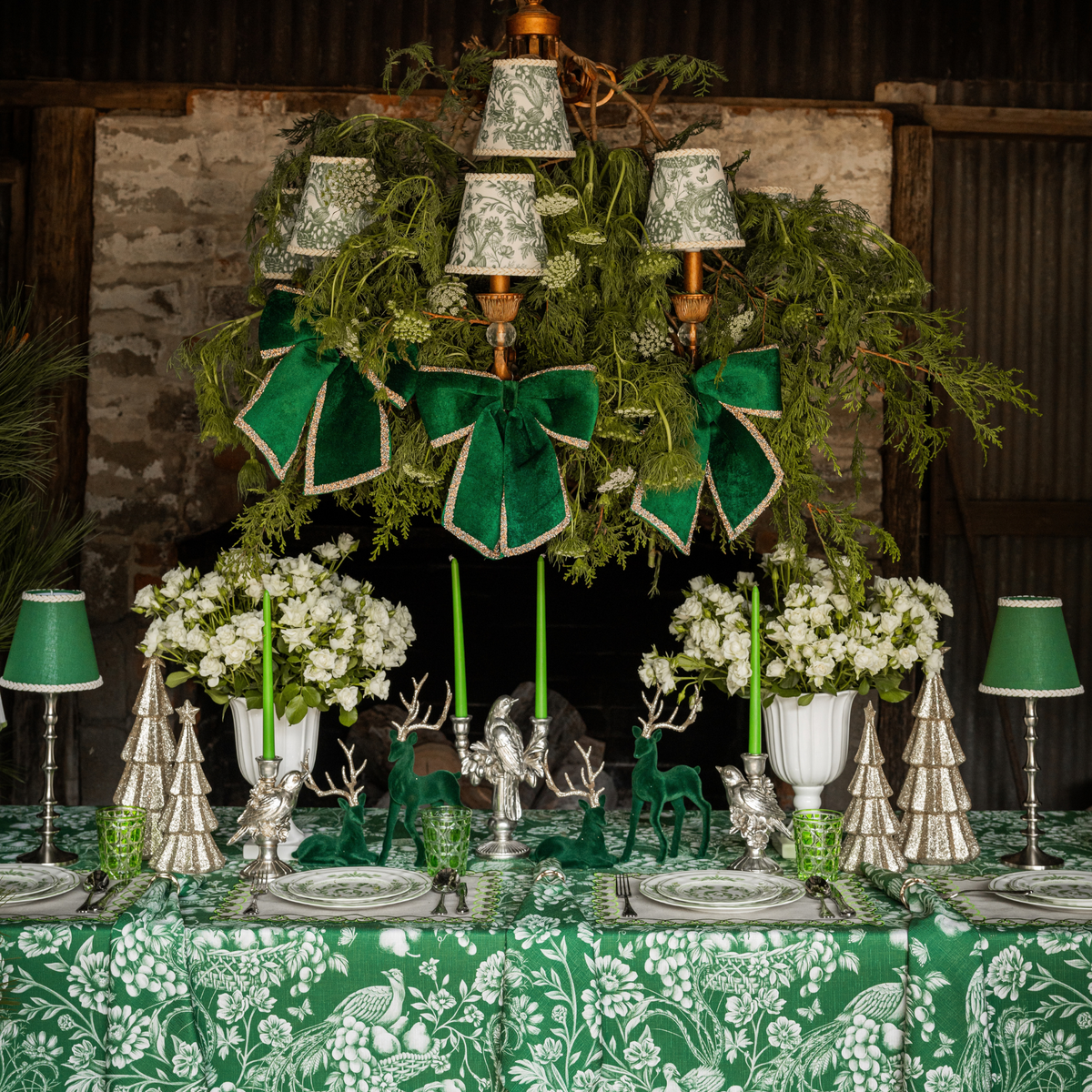 Green Toile Christmas table styled with Green Toile table cloth, green velvet glitter trim bows and Green Toile lamp shade