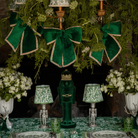 Green Toile Christmas table styled with Ivy Scallop lamp shades on silver nutcracker lamps