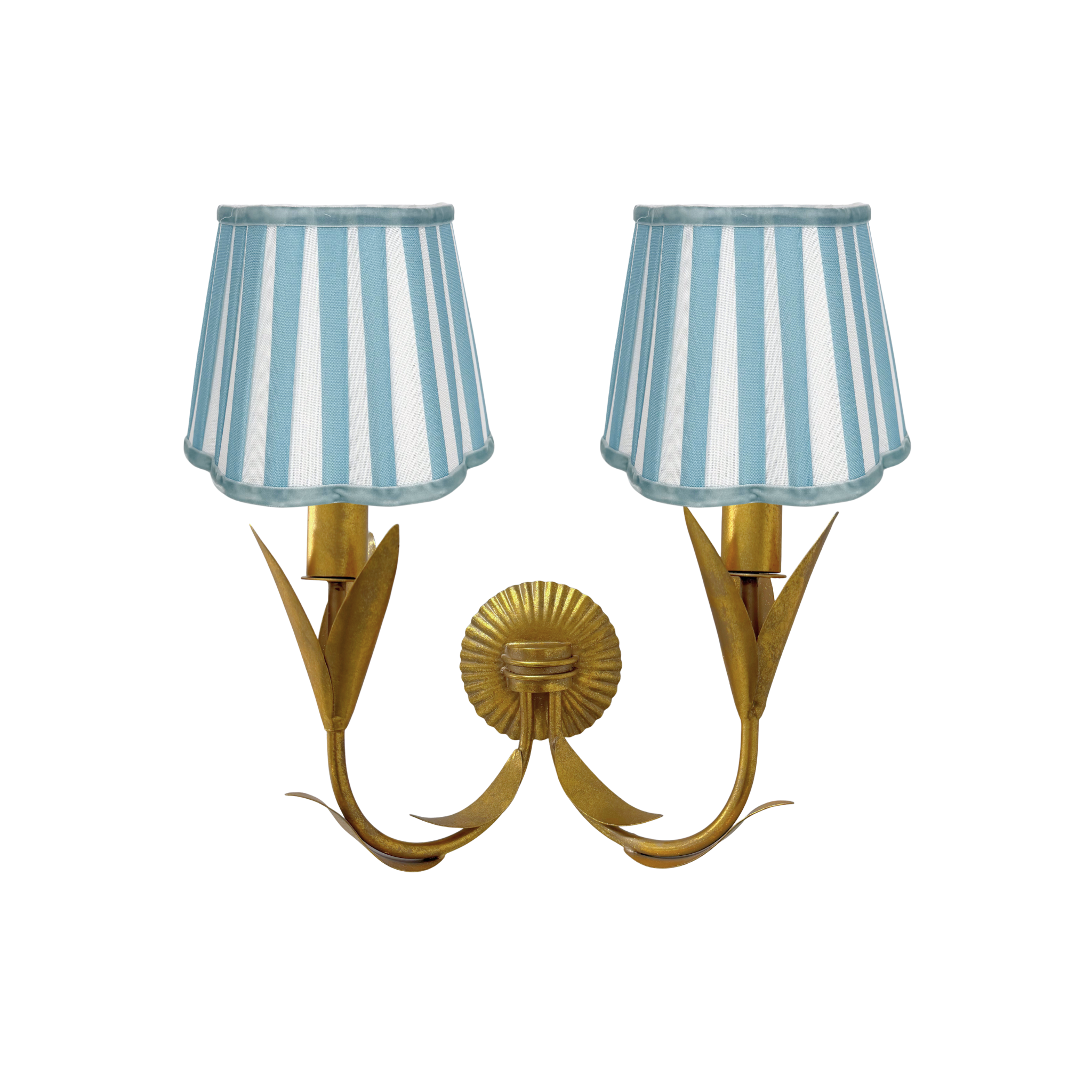 Blue Stripe Scallop Lamp Shade and La Fleur Antique Gold Wall Sconce - LUXE AND BEAU