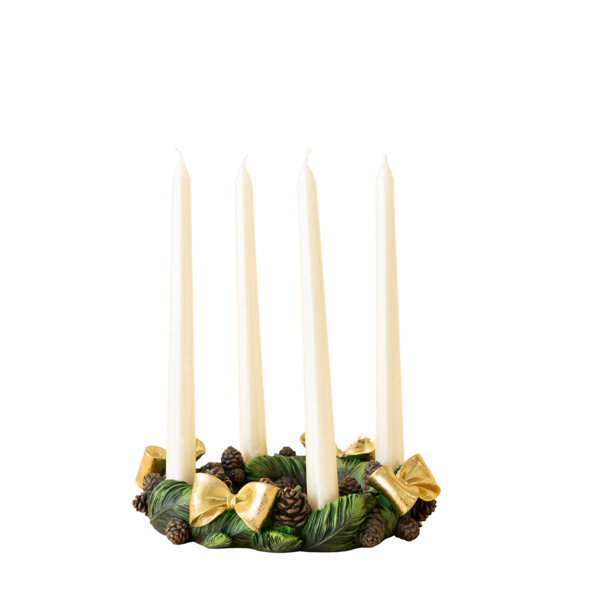 Pinecone candle ring with four cream taper candles