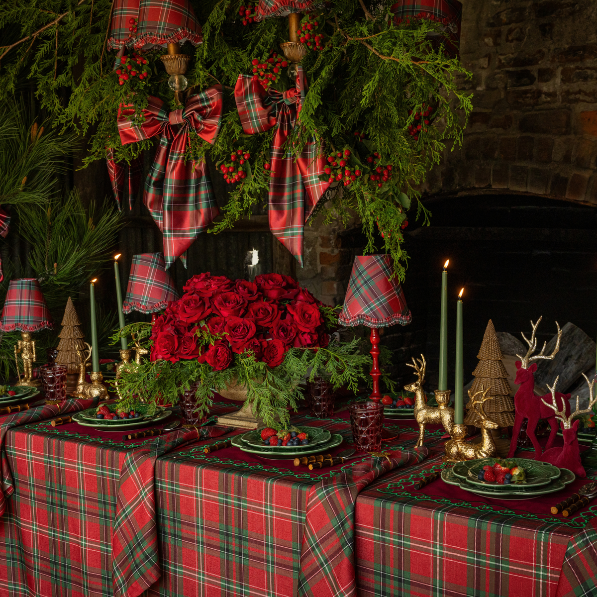 Red Tartan Christmas table styled with Red Tartan table cloth and Red Tartan ruffle lamp shade