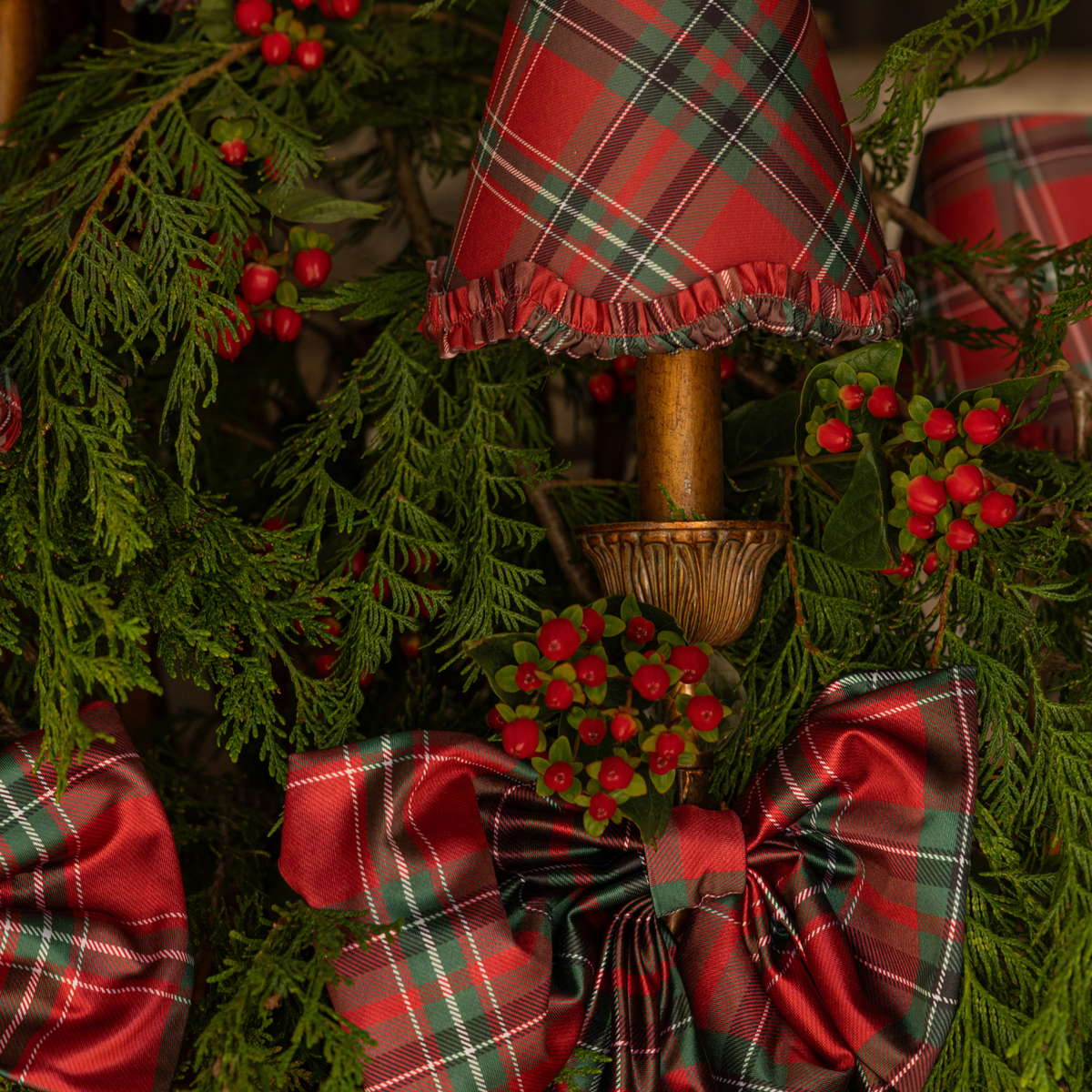 Red Tartan Christmas table styled with Red Tartan ruffle lamp shade