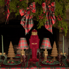 Red Tartan Christmas table styled with burgundy velvet nutcracker, gold nutcracker lamp and Red Tartan ruffle lamp shade