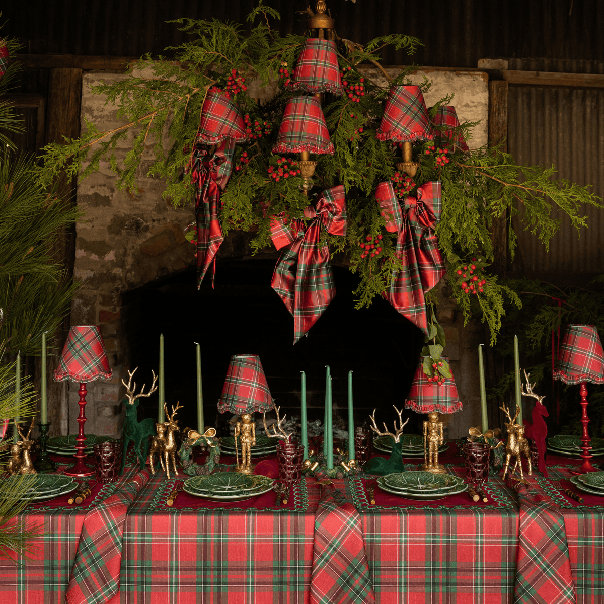 Red Tartan Christmas table styled with Red Tartan table cloth and Red Tartan ruffle lamp shade