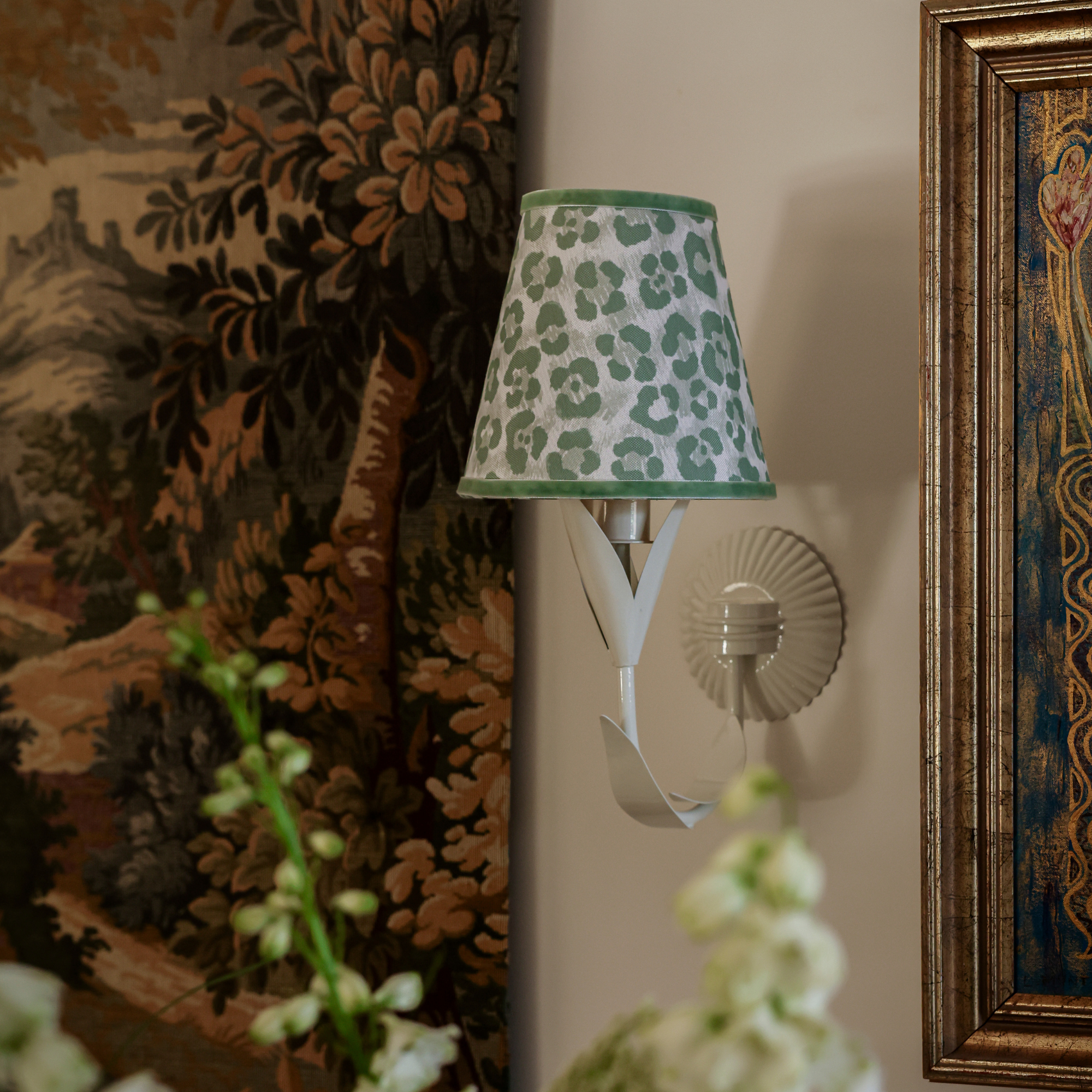 Pistachio Leopard Shade and La Fleur Ivory Wall Sconce - LUXE AND BEAU