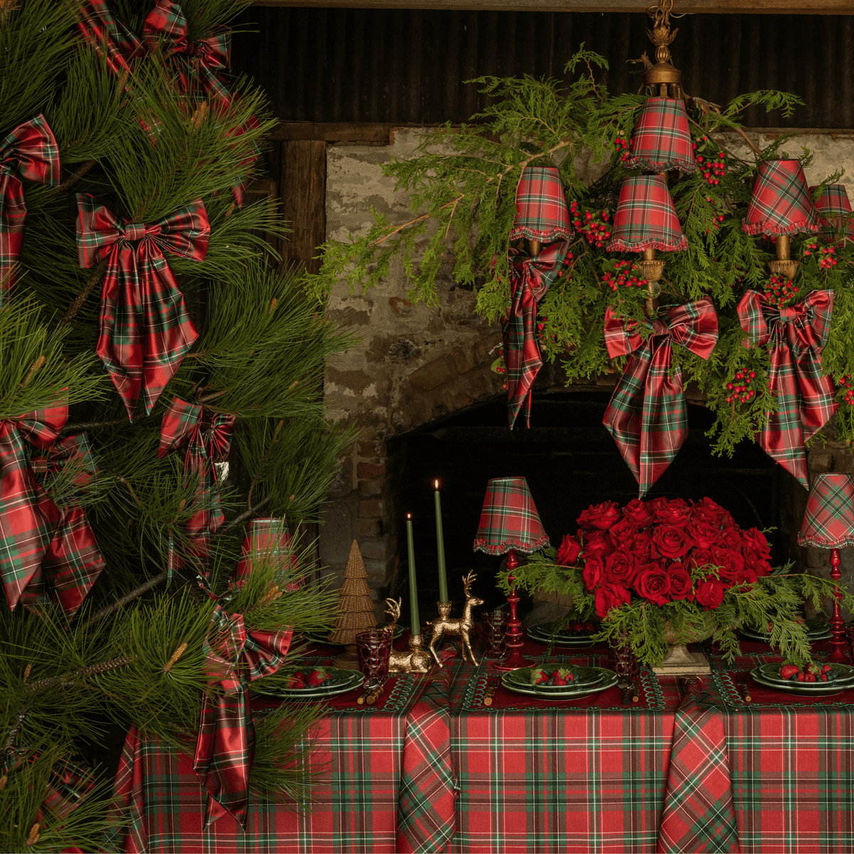 Red Tartan Christmas table styled with Red Tartan table cloth and Red Tartan ruffle lamp shade