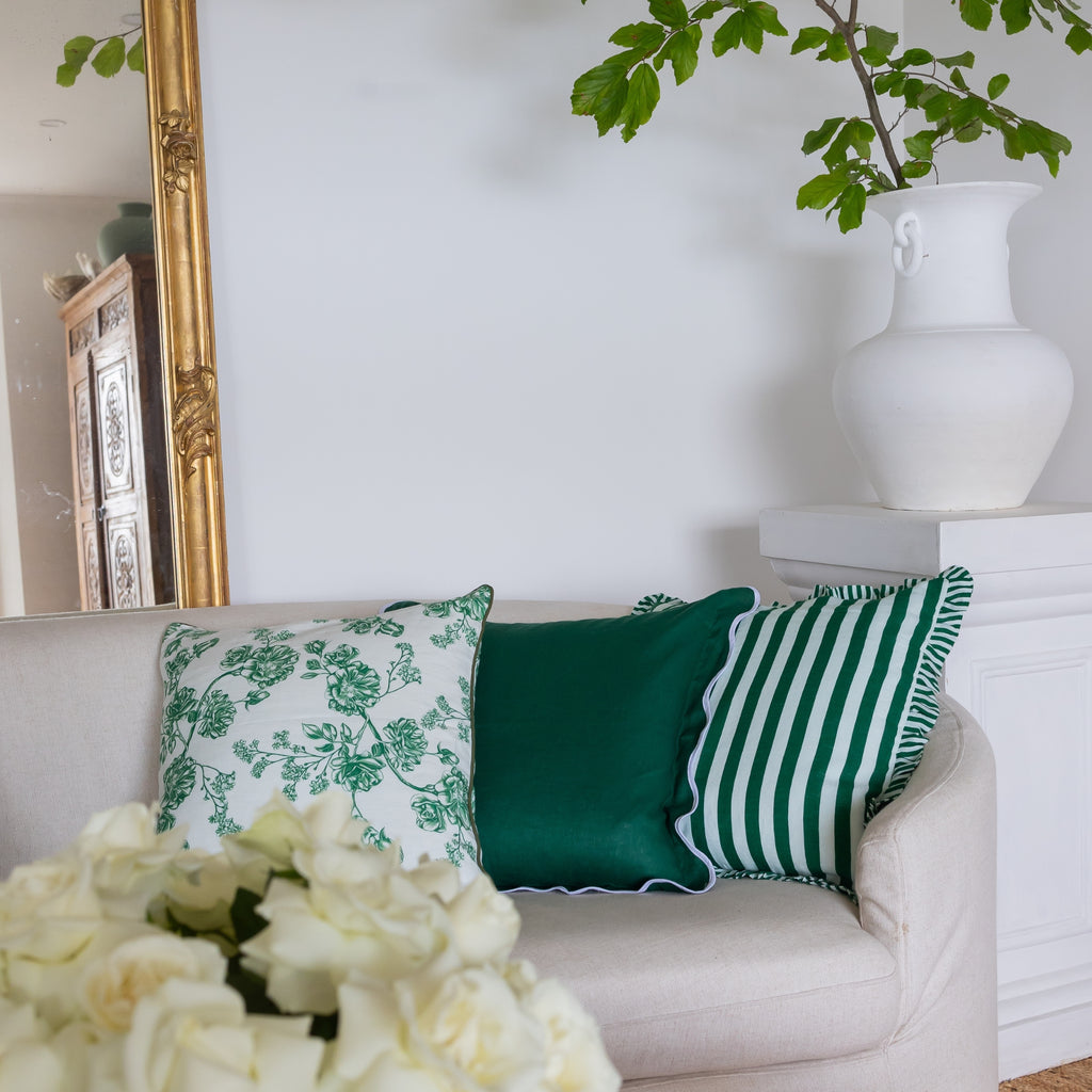 Buy Luxe Cushions & Linens - Camille White and Green Linen Cushion Cover 50x50 - By Luxe & Beau Designs 
