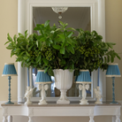 Blue Hydrangea Christmas table styled with white bow lamp and Audrey sky blue and cream shade