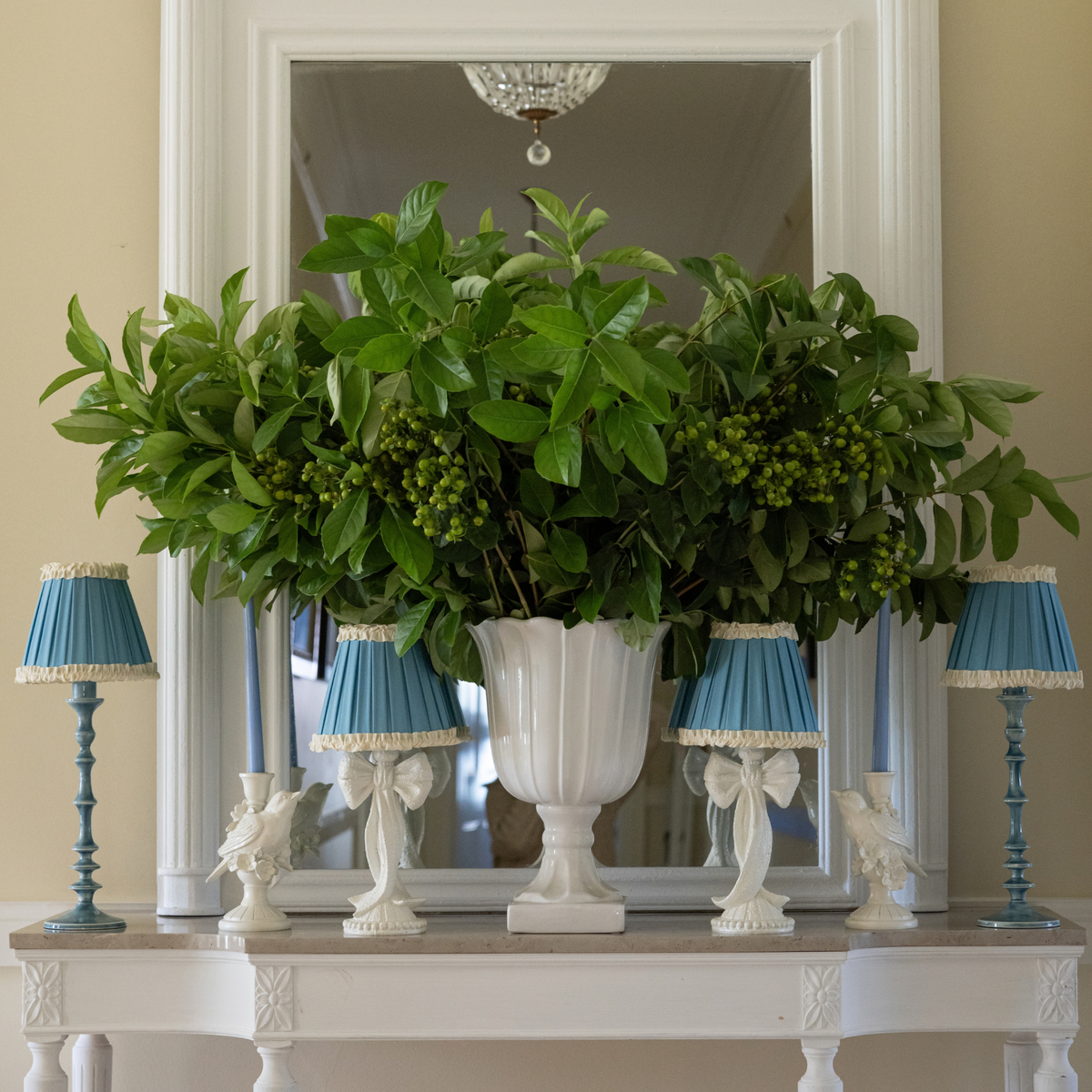 Blue Hydrangea Christmas table styled with white bow lamp and Audrey sky blue and cream shade
