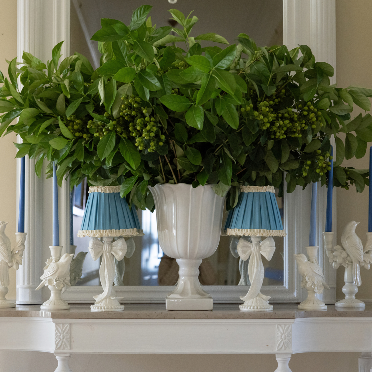 Blue Hydrangea Christmas table styled with white bow lamp and Audrey sky blue and cream shade