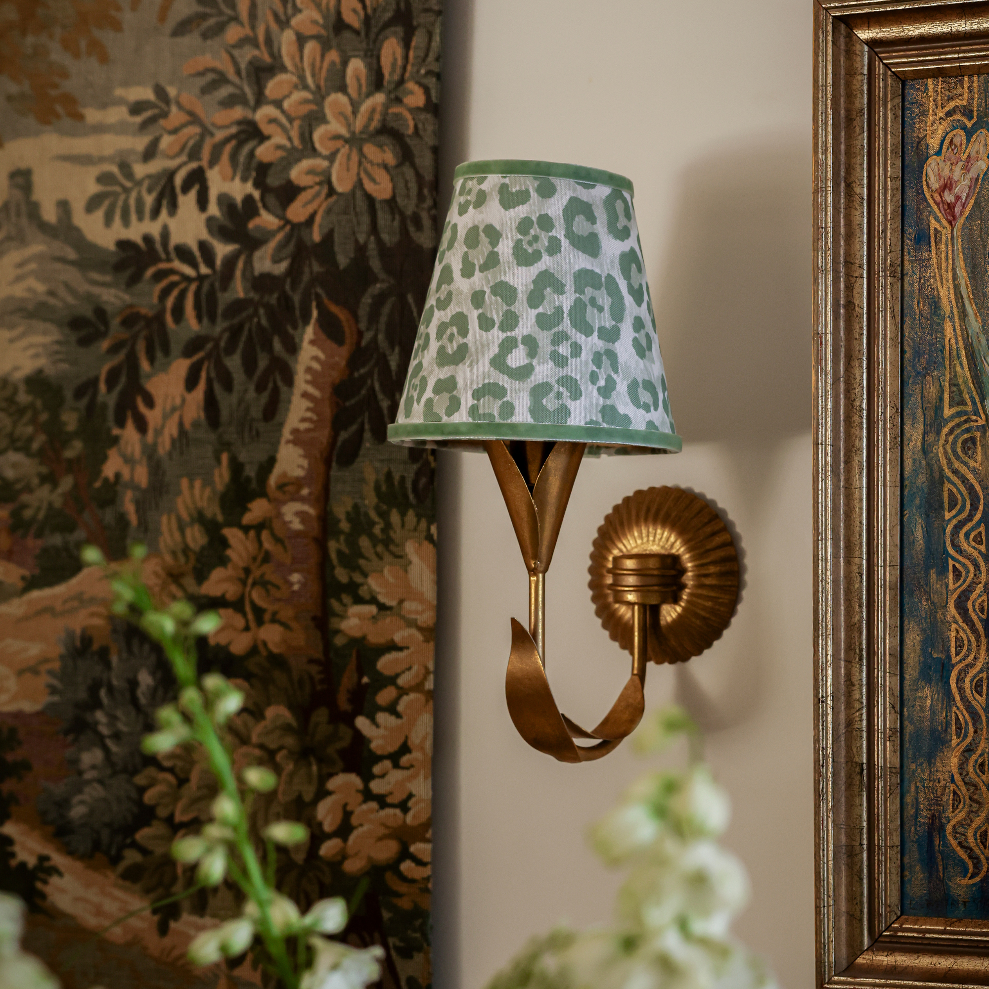 Pistachio Leopard Shade and La Fleur Antique Gold Wall Sconce - LUXE AND BEAU