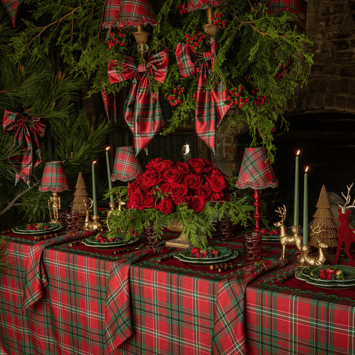 Red Tartan Christmas table styled with Red Tartan table cloth, Red Tartan ruffle lamp shade and Rouge lamp base