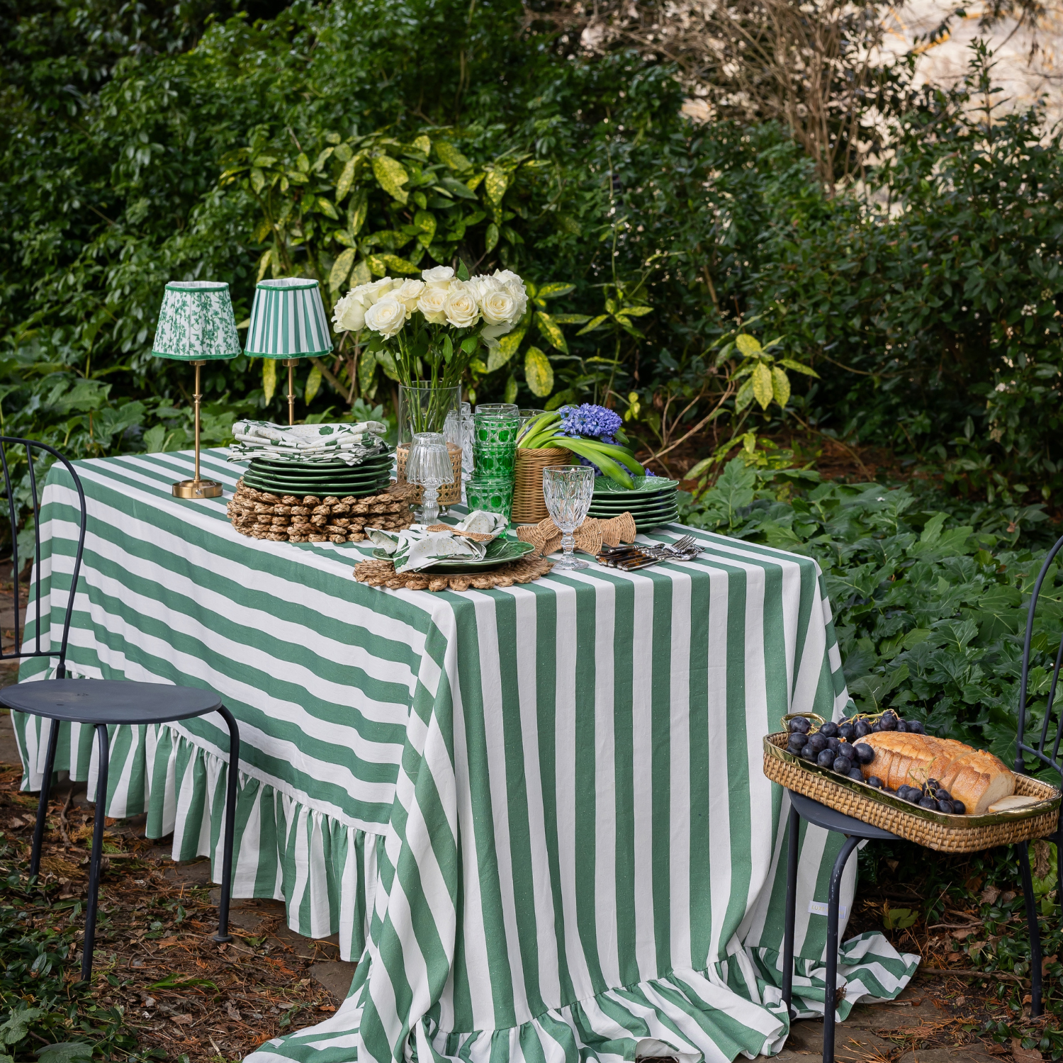 Verdant Green Ruffle Stripe Table Cloth - LUXE AND BEAU
