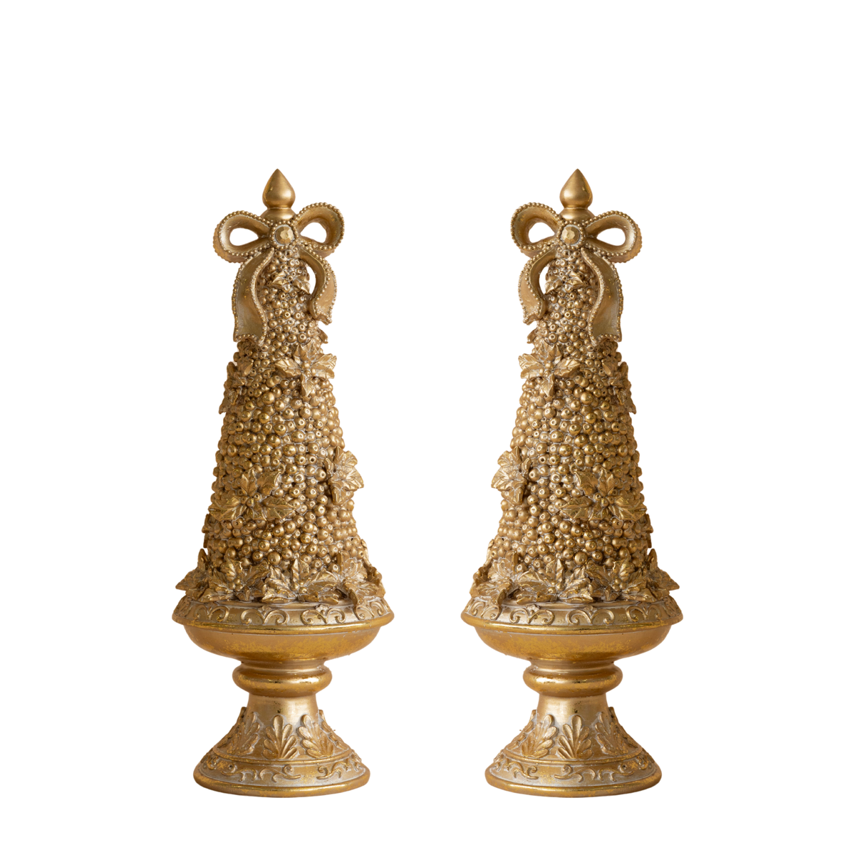 Pair of gold Christmas trees with bow tops