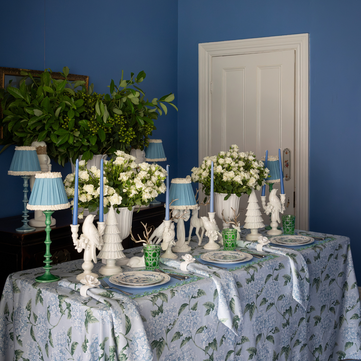 Blue Hydrangea Christmas table styled with Blue Hydrangea table cloth and Blue Hydrangea napkins