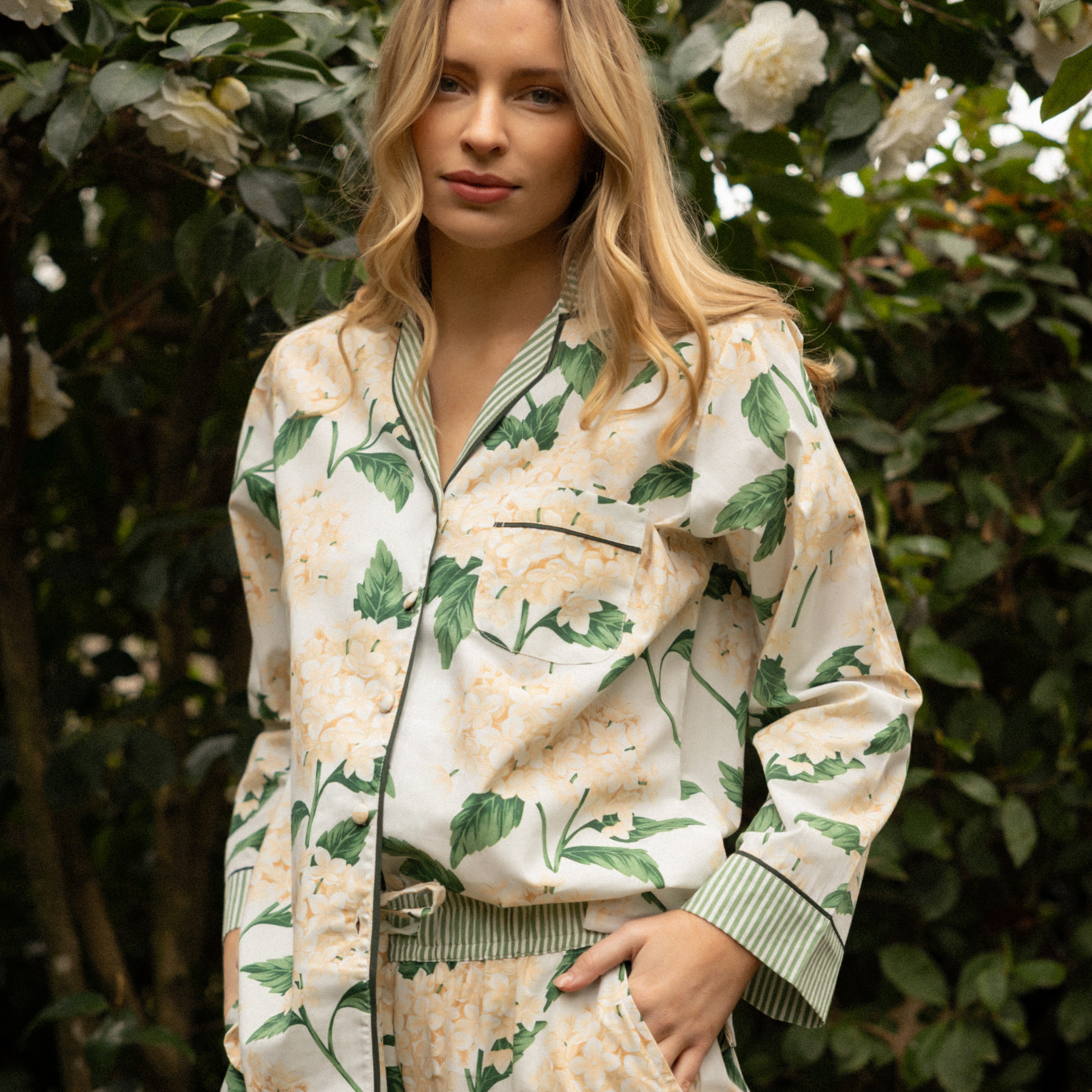 Cream Hydrangea Long Sleeve Pyjama Set - LUXE AND BEAU