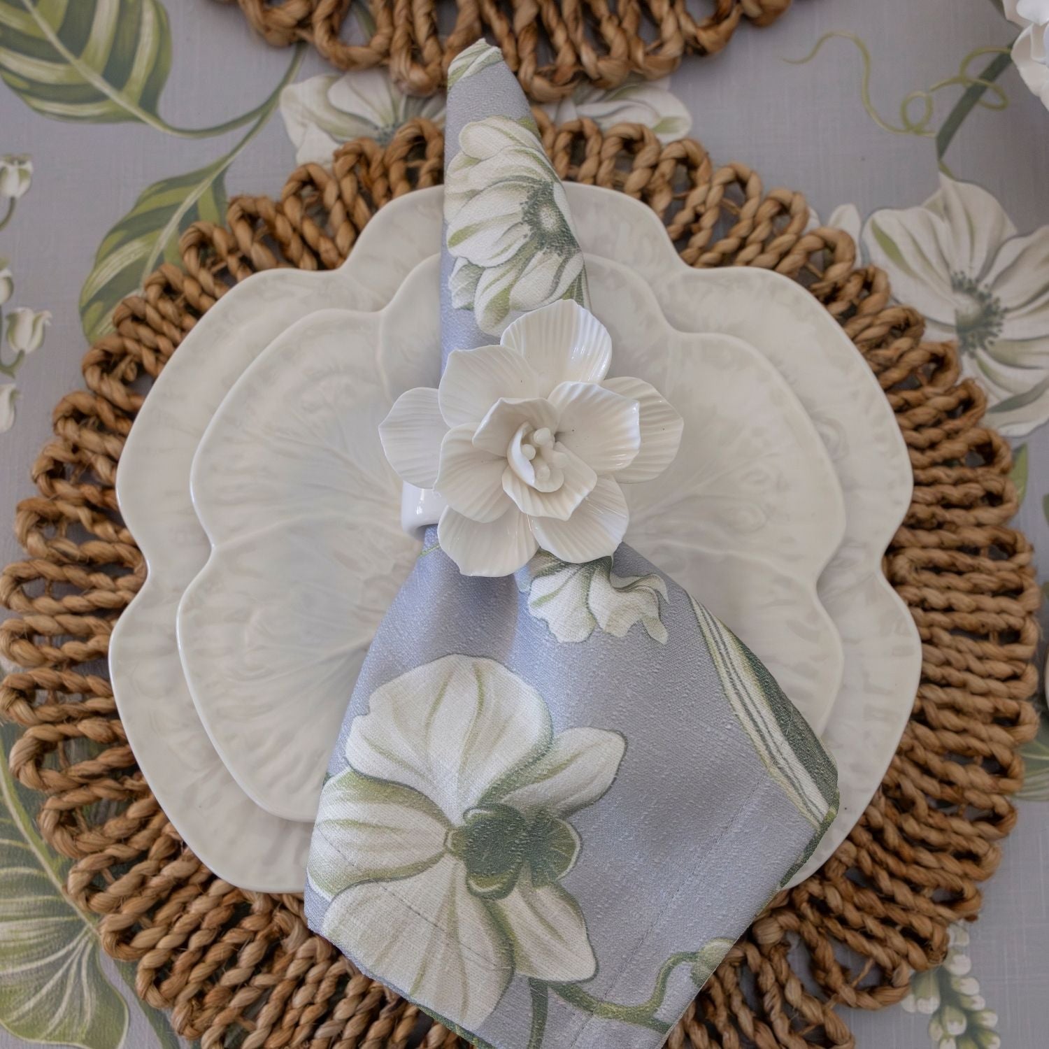 Georgie's Floral Grey and Moss Napkins (Set of 4) - LUXE AND BEAU