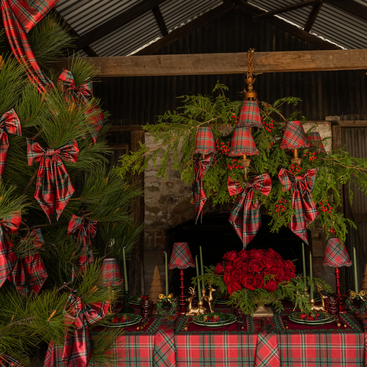 Red Tartan Christmas table styled with Red Tartan table cloth and Red Tartan ruffle lamp shade