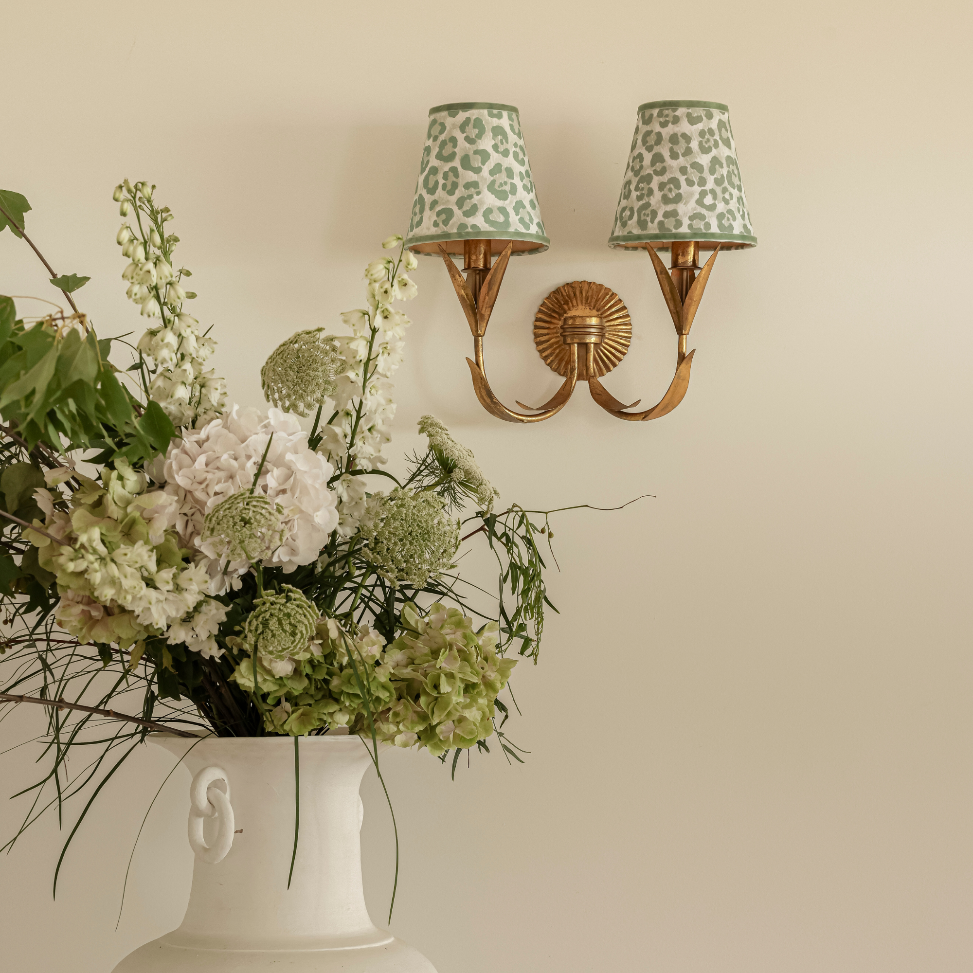 Pistachio Leopard Shade and La Fleur Antique Gold Wall Sconce - LUXE AND BEAU