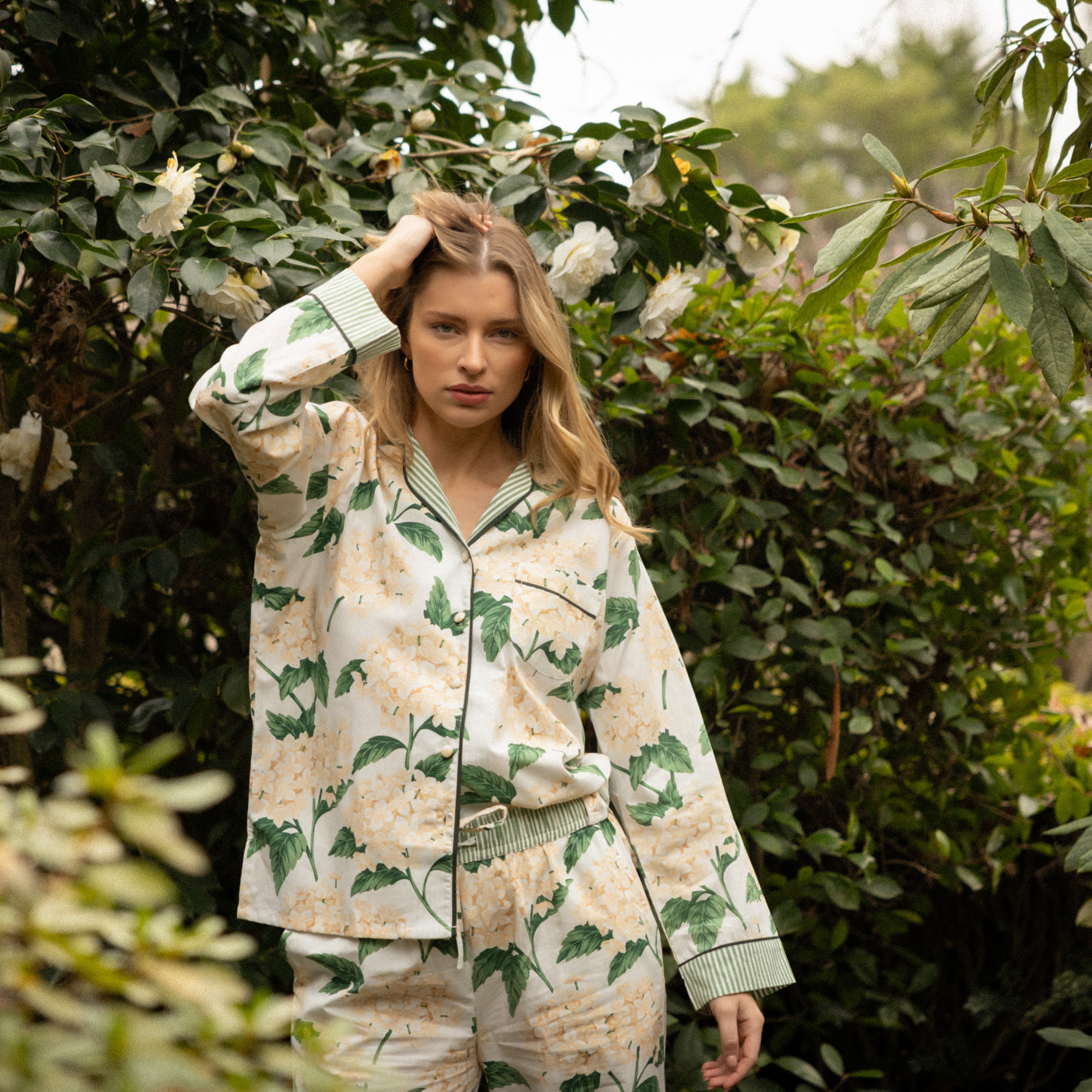 Cream Hydrangea Long Sleeve Pyjama Set - LUXE AND BEAU