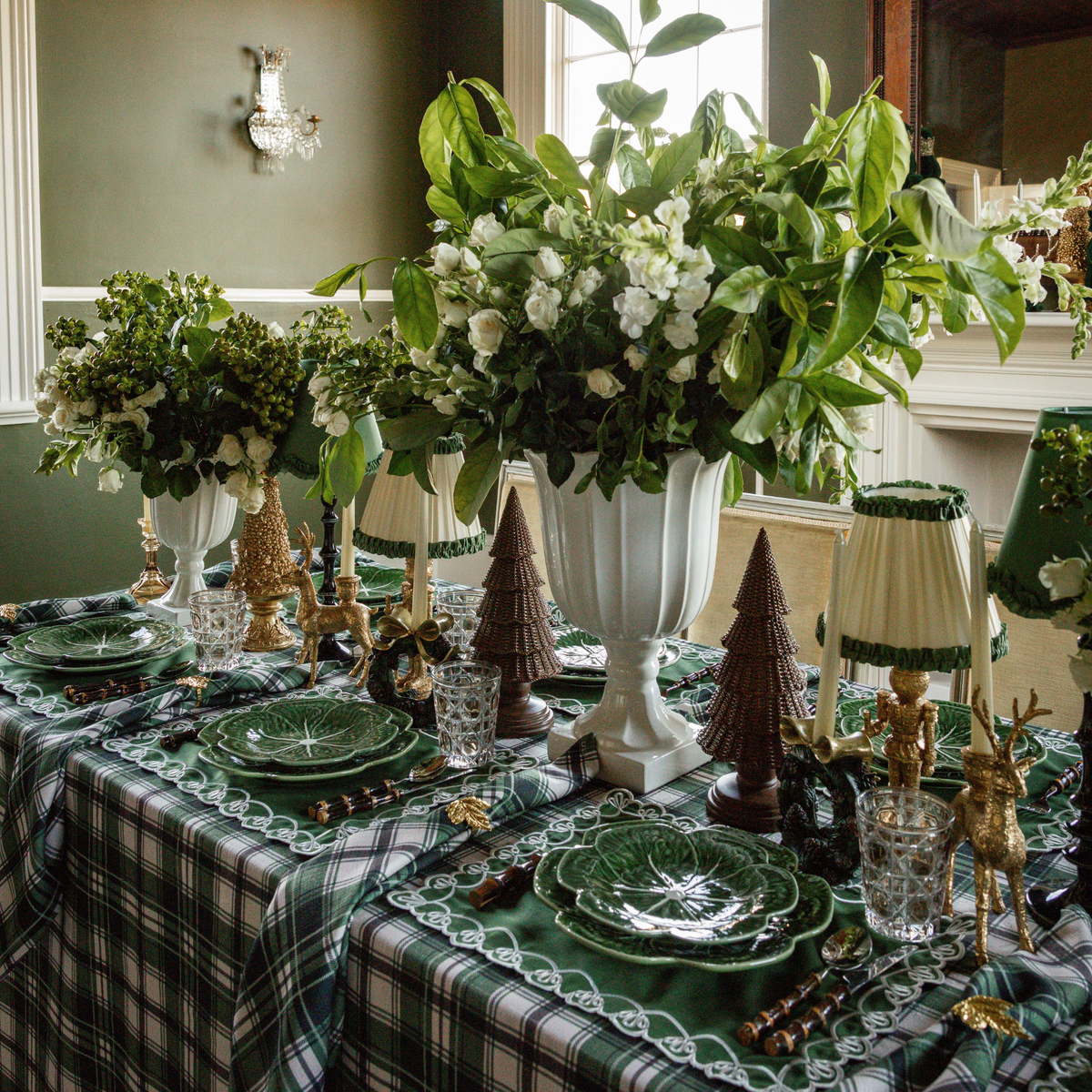 Green and Black Plaid Christmas table styled with Green and Black Plaid table cloth