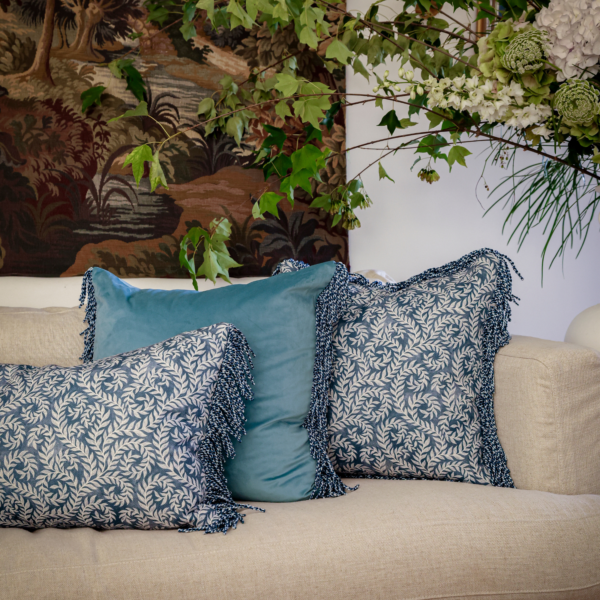 Bullion Fringe Bleu Vine Cushion Cover 50x50cm - LUXE AND BEAU