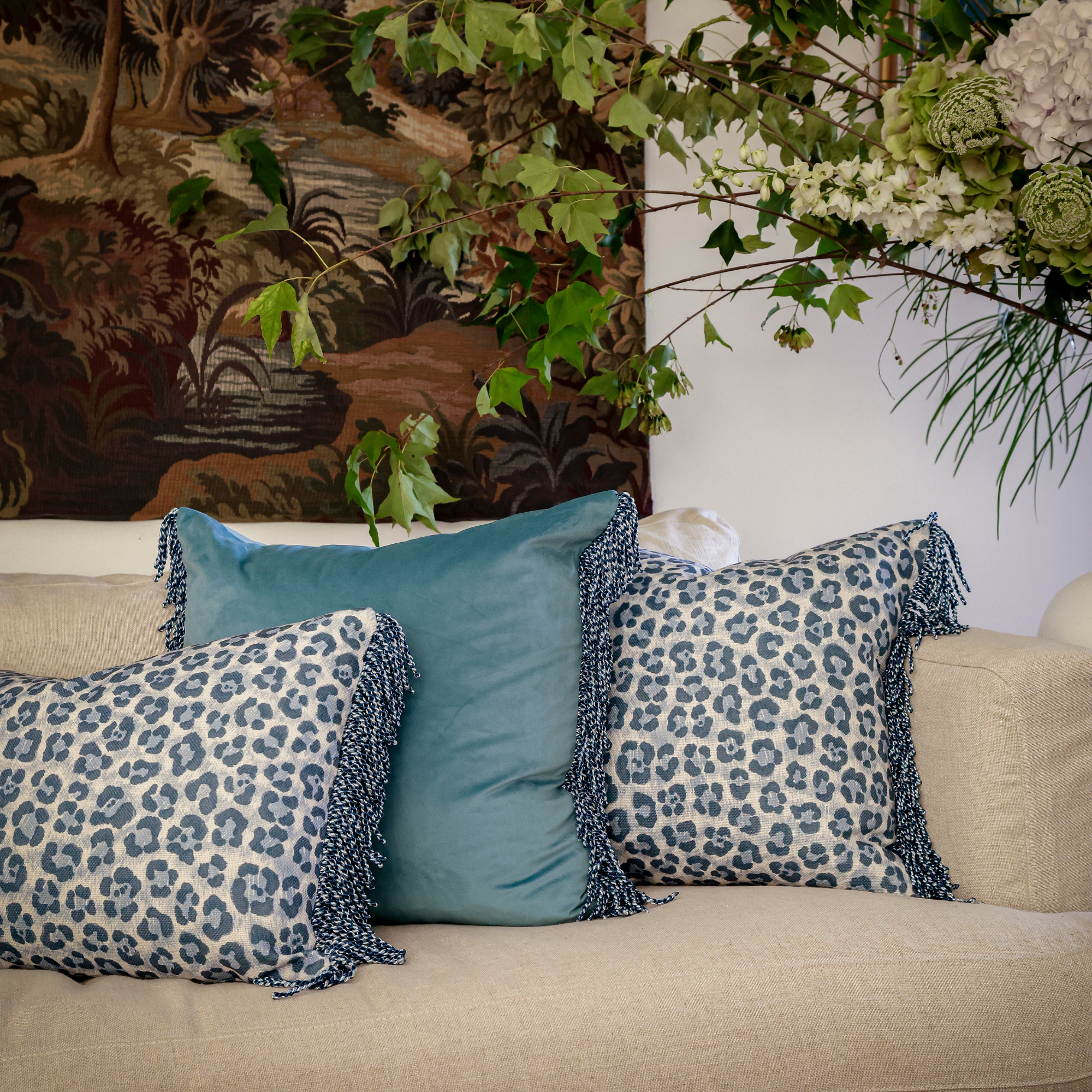 Bullion Fringe Bleu Velvet Cushion Cover 50x50cm - LUXE AND BEAU