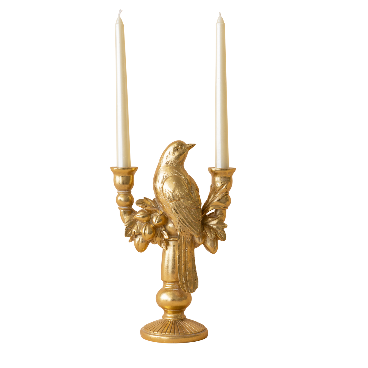 Gold bird double candle holder with taper candles