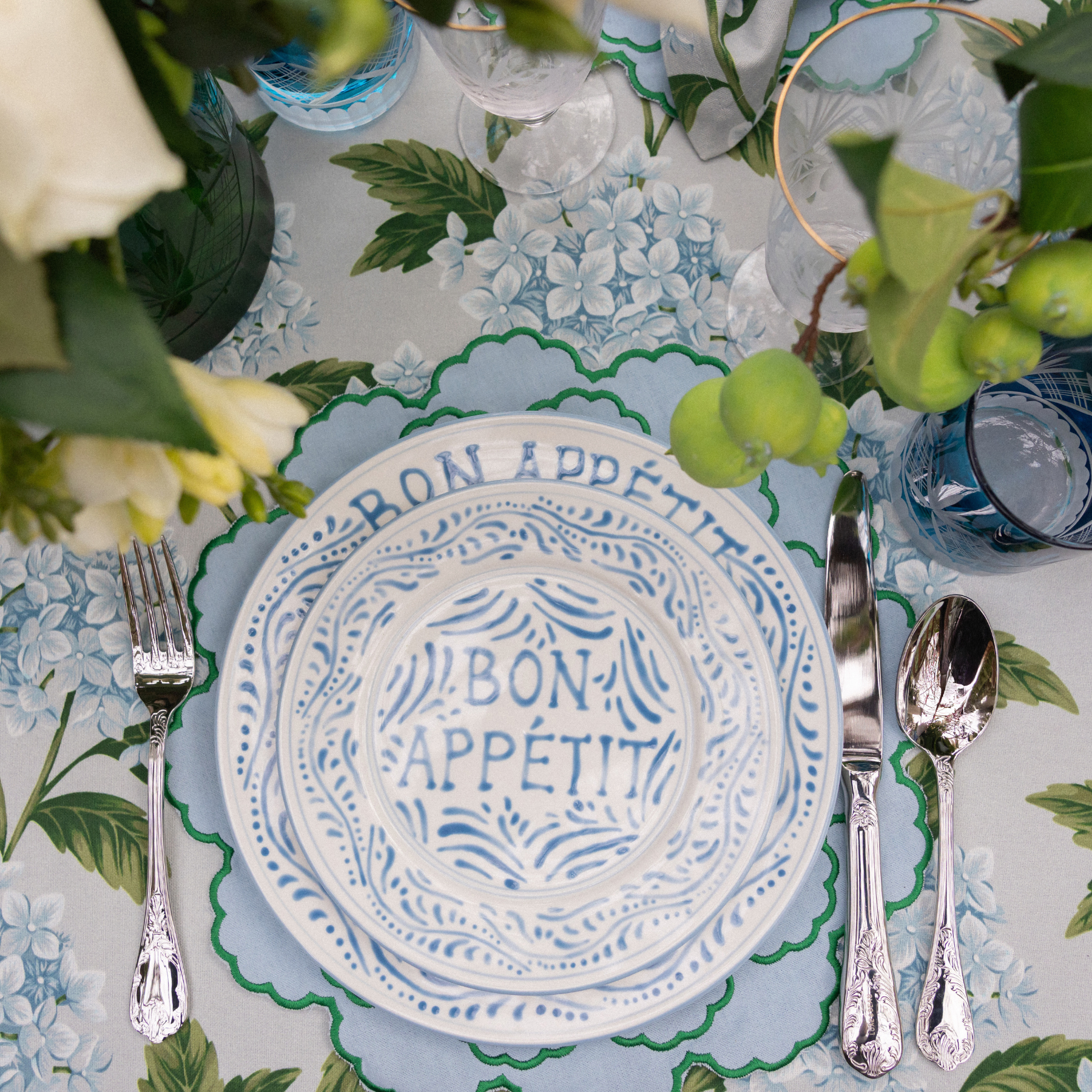 Blue With Green Embroidery Heirloom Placemat (Set Of 4) - LUXE AND BEAU