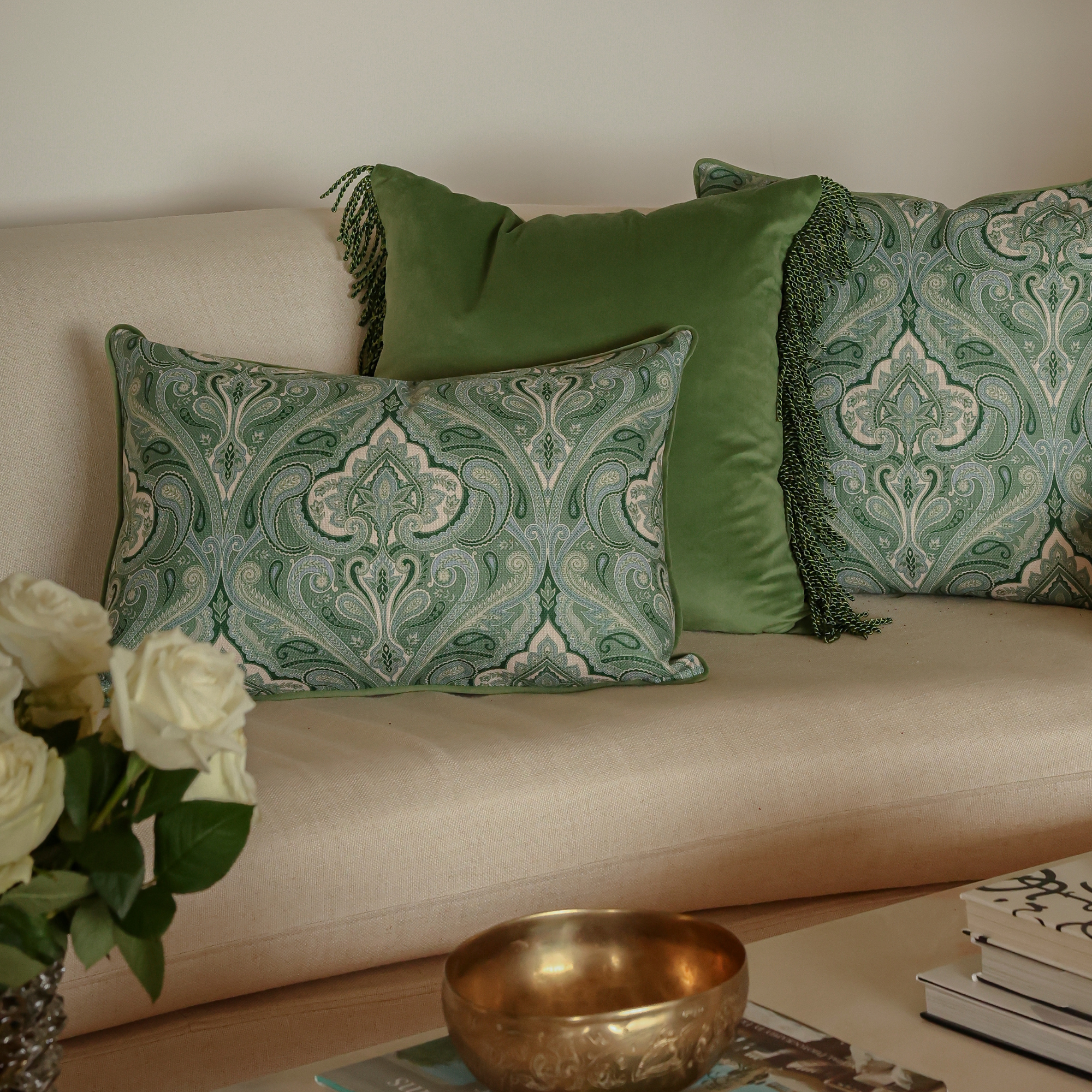 Bullion Fringe Pistachio Velvet Cushion Cover 50x50cm - LUXE AND BEAU